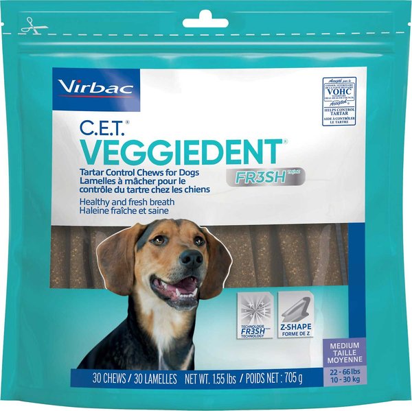VIRBAC C.E.T. VeggieDent Fr3sh Dental Chews for Medium Dogs, 22-66 lbs, 60 count - Chewy.com