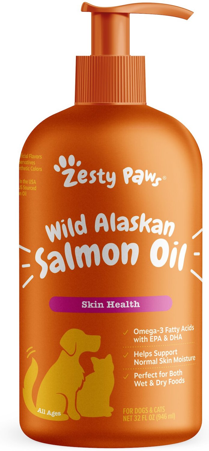ZESTY PAWS Wild Alaskan Salmon Oil Liquid Skin & Coat Supplement for Dogs & Cats, 32-oz bottle, bundle of 2 - Chewy.com